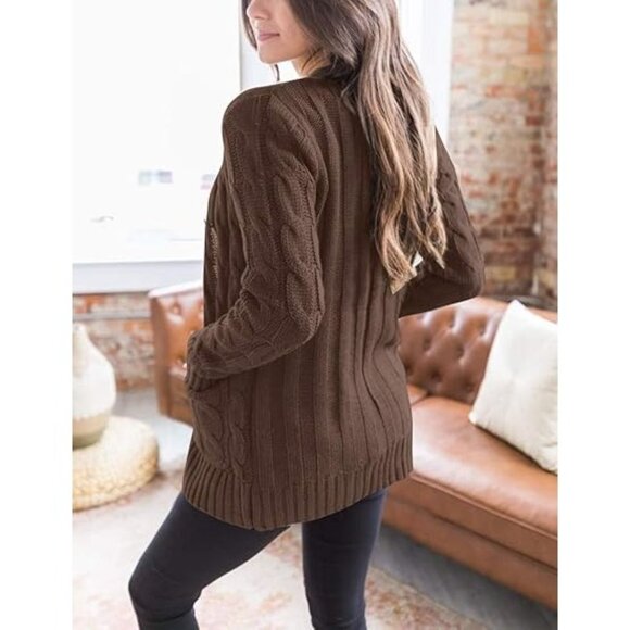 Women's Fall Long Sleeve Cable Knit Sweater Open Front Cardigan, Coffee - Picture 2 of 7